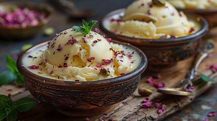 Traditional Indian kulfi dense creamy ice cream made from condensed milk flavored with pistachio and saffron