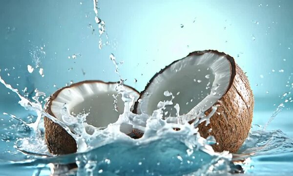 Broken coconuts splashing in water