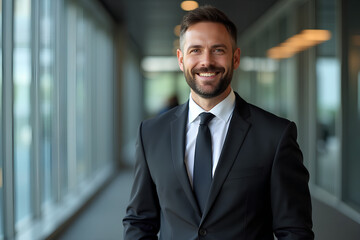 Fototapeta premium portrait of successful businessman consultant looking at camera and smiling inside modern office building