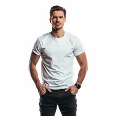 Obraz premium Muscular man with a serious expression standing with hands in his pockets