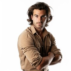 Obraz premium Handsome young man with long brown hair is posing with arms crossed, wearing a beige shirt, on a white background