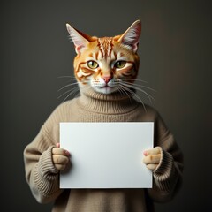 Obraz premium Anthropomorphic cat holding blank sign, wearing a sweater.