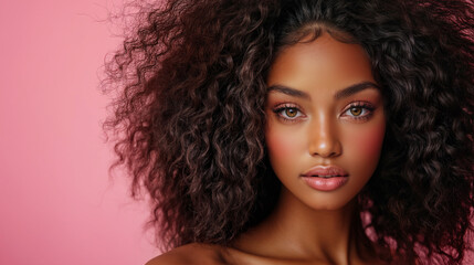 Fototapeta premium Enigmatic Beauty with Lush Curls, Deep Gaze, Pastel Pink Backdrop, Exquisite Black Woman, Rich Hair Texture, Serene Expression, Natural Makeup Elegance, Soft Lighting, Fashion Portrait, Afro-Textured 