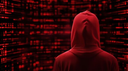 Red hooded figure immersed in flow of binary code, visual representation of the digital world