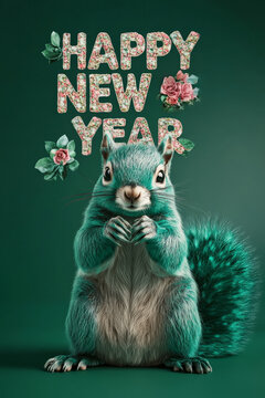 Happy New year Cards: Cute Neon Background Baby Squirrel Illustrations