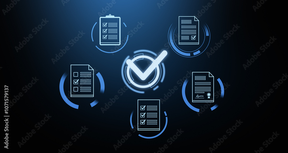 Fototapete Digital Document Icons with Checkmarks on Dark Background. 3D Rendering