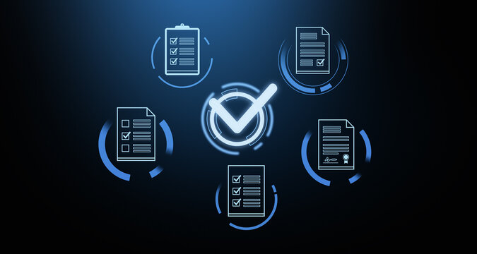 Digital Document Icons with Checkmarks on Dark Background. 3D Rendering