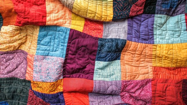 Brightly colored patchwork quilt blankets arranged to create a vibrant and cozy atmosphere, ideal for adding warmth and style to any space with ample copy space.