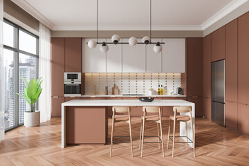 Home kitchen interior with bar island and cabinet, panoramic window