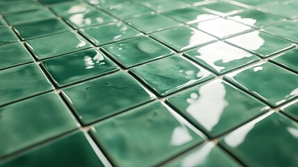 Close-up of shiny glazed square tiles in Minton green color, highlighting a retro textured ceramic mosaic design for a stylish bathroom. Ideal for showcasing interior decor.