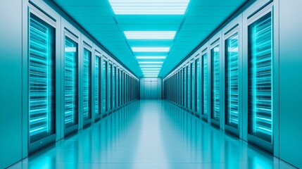 Fototapeta premium A futuristic data center with rows of servers illuminated in blue light, showcasing advanced technology and a sleek design.