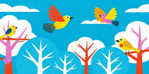 Fototapeta premium Colorful birds flitting among vibrant trees in a whimsical winter scene