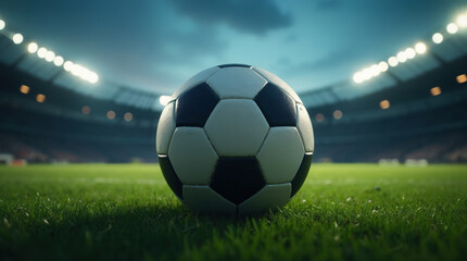Fototapeta premium Soccer ball resting on lush green field in illuminated stadium