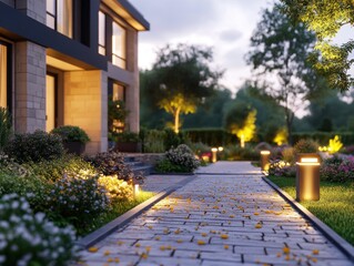 Inviting Entryway with Cozy Twilight Lighting, Scenic Suburban Yard with Peaceful Residential Vibe, Modern Home Exterior Design