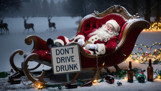 Drunk santa claus sleeping in his sleigh with don't drive drunk sign
