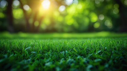 Naklejka premium Beautiful green grass in the park with a sunlit background. Ample copy space. High quality