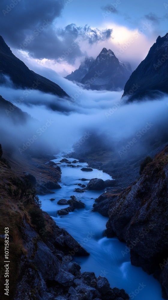 Poster a mountain range with a river flowing through it
