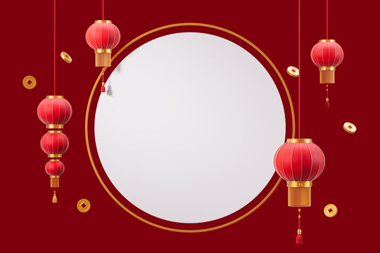Red Chinese lanterns and golden coins on a red background with a circular mockup space in the center. Concept of celebration. 3D Rendering
