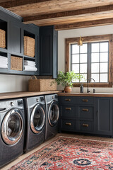 Modern country farmhouse laundry room with washer and dryer 