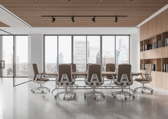 Modern Conference Room with Cityscape View. 3D Rendering