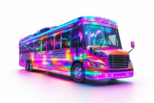 Neon-lit bus with colorful lights.