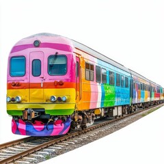 Obraz premium Colorful train on railroad tracks.
