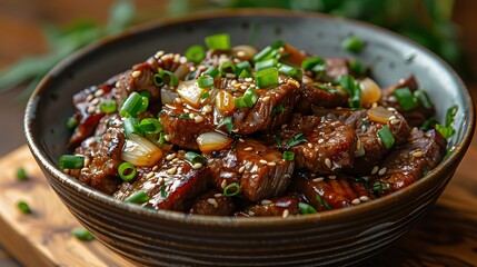 Mongolian beef tender slices of beef stirfried onions and scallions in a savory brown sauce