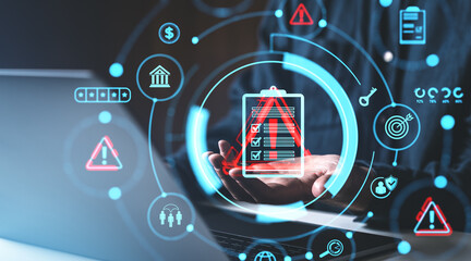 Digital icons for risk management and assessment, featuring checklist and warning symbols, on a dark business background, concept of strategy