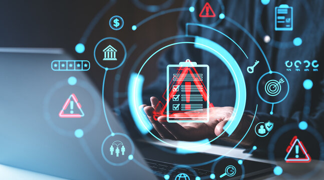 Digital icons for risk management and assessment, featuring checklist and warning symbols, on a dark business background, concept of strategy