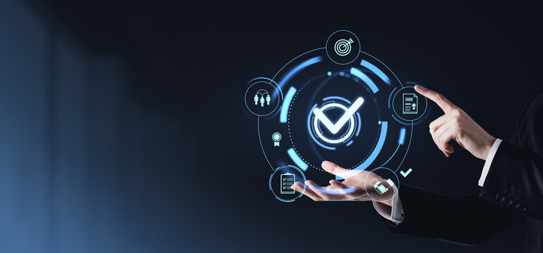 Digital interface with checkmark and icons. Futuristic graphic style on dark background. Concept of quality approval and project management