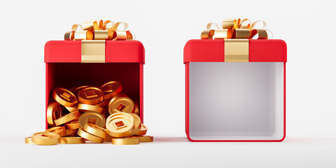 Two red gift boxes with gold coins and ribbons on a white background. Concept of prosperity and...