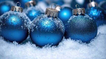 Classic blue glass Christmas decoration balls create a festive atmosphere in a close-up view, paired beautifully with soft snow, perfect for seasonal imagery and holiday themes.