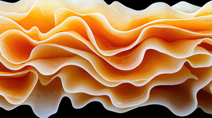 Fototapeta premium A close-up view of layered ruffled fabric, showcasing soft waves in shades of orange and cream against a dark background.
