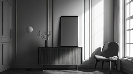 Minimalist bedroom in simple grayscale offers a high ceiling design. This modern interior includes a wooden sideboard and a mirror cabinet against stylish wall paneling, adding elegance.