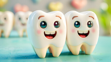 Obraz premium Cheerful smiling tooth characters: bright and playful dental concept on turquoise background