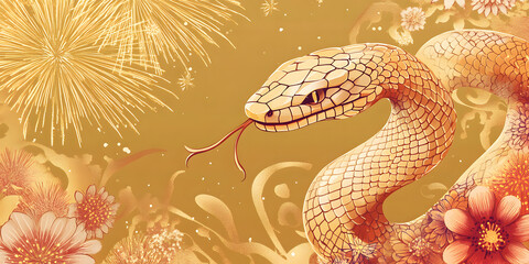  Gorgeous and luxurious Chinese Year of the Snake hand-painted artwork, illustration, wallpaper, commercial poster, poster, background, Chinese New Year, snake, year of the snake, 2025, zodiac，gold