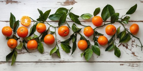 A collection of clementine tangerines features vibrant green leaves, all arranged on a rustic white wooden table. These bright citrus fruits are the highlight.