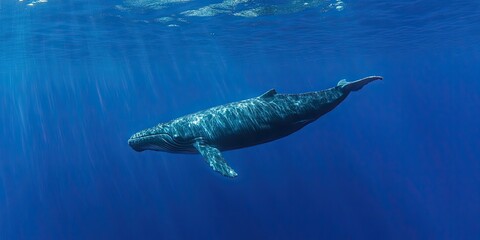 Fototapeta premium A magnificent whale swims effortlessly through the pristine, clear waters below the surface. This stunning display of deep sea exploration reveals the beauty of ocean life in awe inspiring moments.