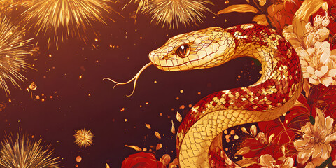 Obraz premium Gorgeous and luxurious Chinese Year of the Snake hand-painted artwork, illustration, wallpaper, commercial poster, poster, background, Chinese New Year, snake, year of the snake, 2025, zodiac，gold
