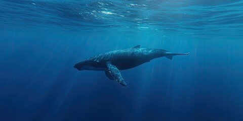 Obraz premium A magnificent whale swims effortlessly through the pristine, clear waters below the surface. This stunning display of deep sea exploration reveals the beauty of ocean life in awe inspiring moments.