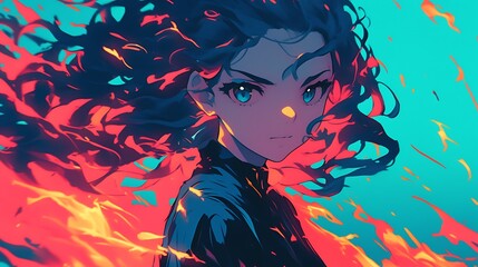 Naklejka premium a woman with a fiery aura and burning eyes, colorful anime style