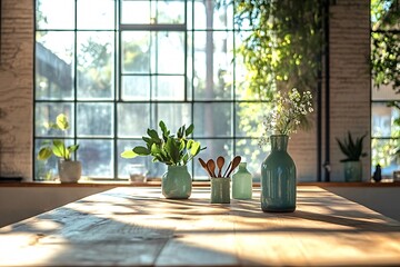 Fototapeta premium Sunlight is illuminating a wooden table with ceramic vases, wooden spoons, and plants in a modern loft with large windows