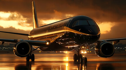 Fototapeta premium Airplane on the Tarmac at Sunset - Realistic Image