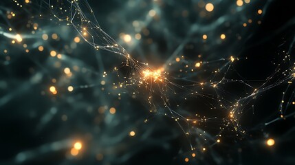Abstract digital concept of interconnected, glowing nodes on a dark background, illustrating complex data flow