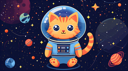Fototapeta premium Cute cartoon cat astronaut with stars and planets in the background 