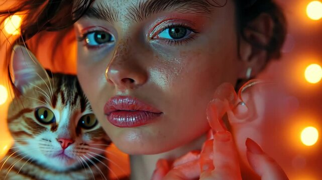 close up face of pretty Spanish woman with unibrow holding her cat with spring light background