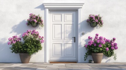 The white door is surrounded by purple flowers in pots