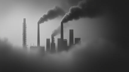 Fabryczne kominy emitujące gęsty dym, który zanurza się w smogu, ukazując poważne konsekwencje emisji dwutlenku węgla. 