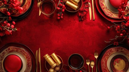 A red and gold table setting featuring Chinese New Year decor, including gold ingots, with a clean space for text on a dark background.