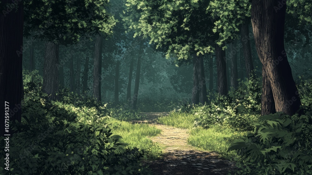 Poster A forest path with trees in the background